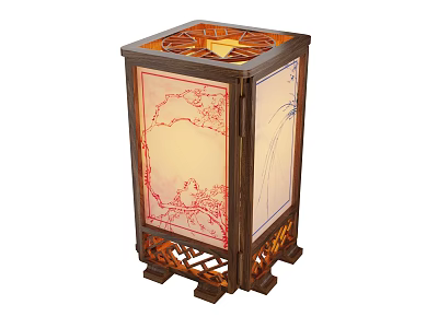 Traditional Chinese Wooden Table Lamp With Carved Frame Floral Patterns And Hollow Base 3d model