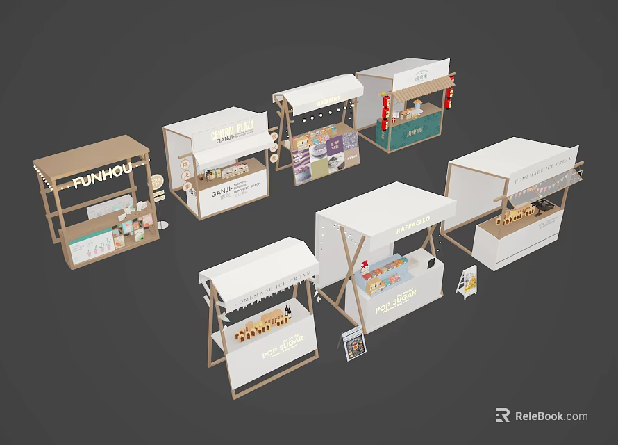 Various Retail Booths Design With Different Brand Logos And Product Displays 3d model 