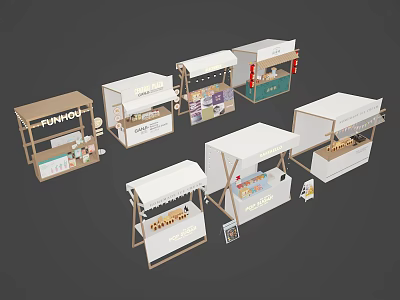 Various Retail Booths Design With Different Brand Logos And Product Displays 3d model
