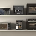Modern Kitchen Appliances Display Featuring Microwave Coffee Machine And Oven On Shelves
