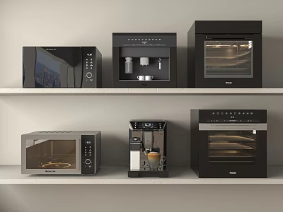Modern Kitchen Appliances Display Featuring Microwave Coffee Machine And Oven On Shelves 3d model