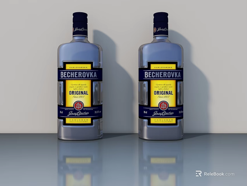 Two Becherovka Original Bottles Displayed On Gray Countertop With Light Background Wall 3d model 