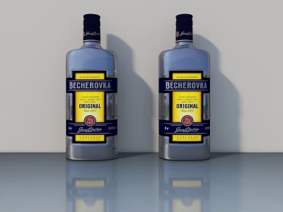 Two Becherovka Original Bottles Displayed On Gray Countertop With Light Background Wall 3d model
