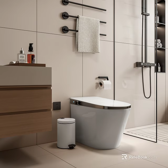 Modern Bathroom Toilet With Trash Can Toilet Paper Holder And Wall Towel 3d model 