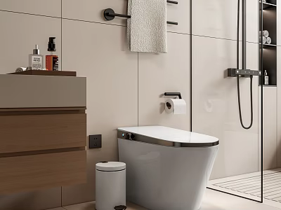 Modern Bathroom Toilet With Trash Can Toilet Paper Holder And Wall Towel 3d model