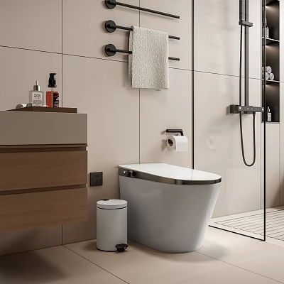 Modern Bathroom Toilet With Trash Can Toilet Paper Holder And Wall Towel 3d model