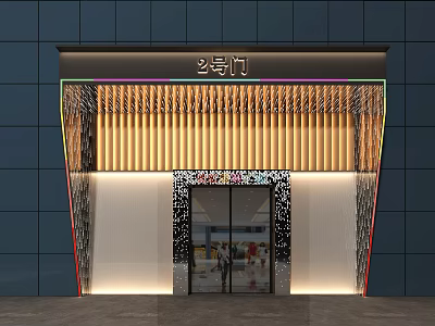 Modern Building Entrance Design With Decorative Wooden Stripes Glass Doors And Lighting 3d model