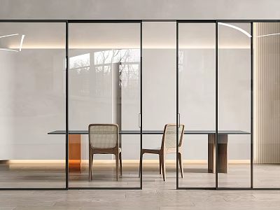 Glass Sliding Doors In Modern Dining Area With Wooden Table And Chairs 3d model