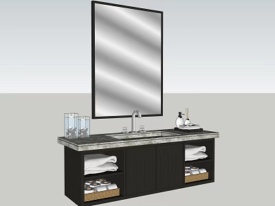 Modern Bathroom Vanity With Large Mirror Marble Countertop And Storage Cabinets 3d model