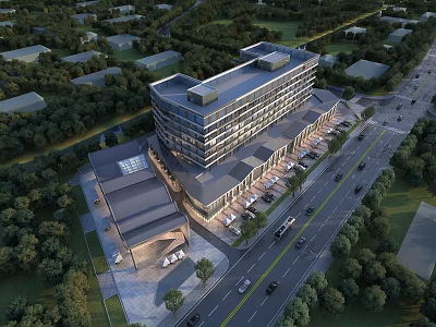 Modern Commercial Complex With Surrounding Greenery Parking Facilities And Adjacent Roads With Vehicles 3d model