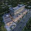 Modern Commercial Complex With Surrounding Greenery Parking Facilities And Adjacent Roads With Vehicles