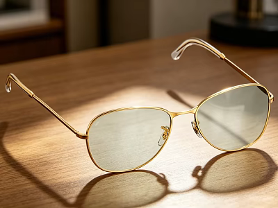 Golden Sunglasses With Metal Frame And Round Lenses On Wooden Table 3d model