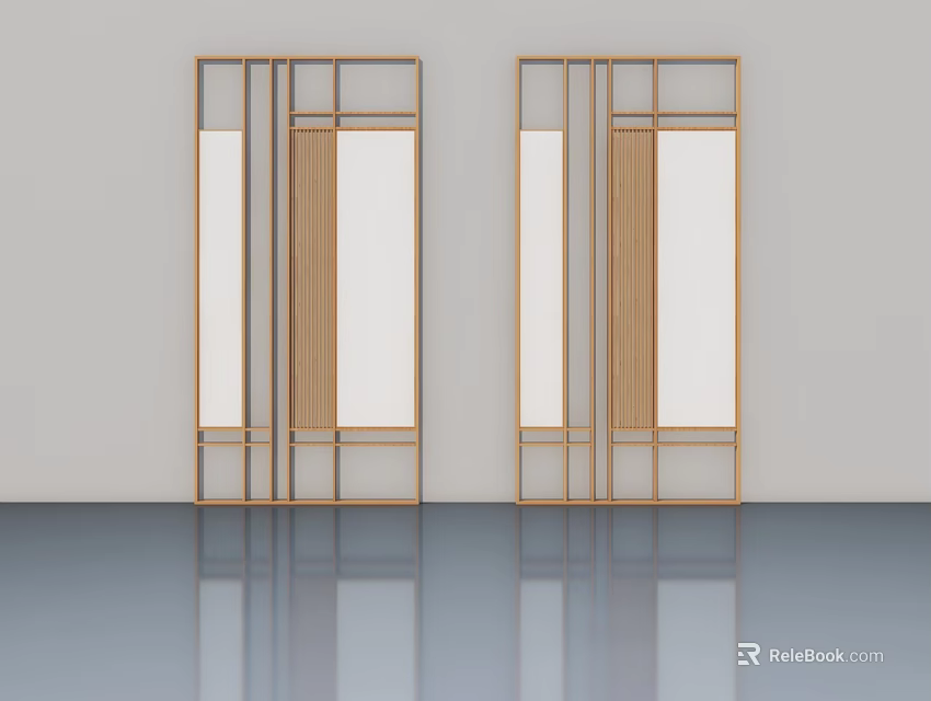 Light Wooden Hinged Doors With Geometric Frame In Modern Interior Design 3d model