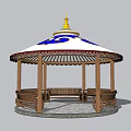 Traditional Pavilion With Yellow Spire White Canopy Blue Patterns And Wooden Benches