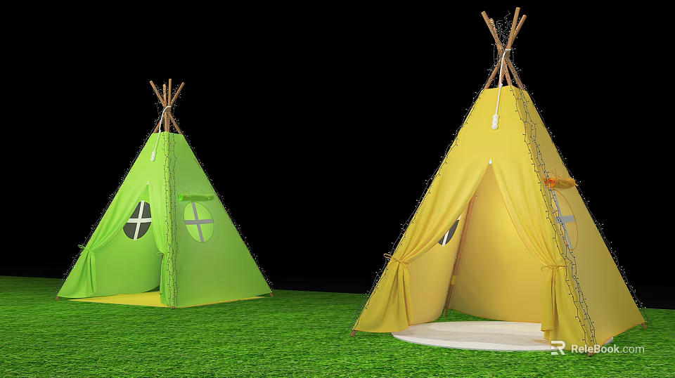 Kids Teepee Tents Green And Yellow With Windows On Green Grass 3d model 