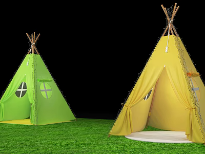 Kids Teepee Tents Green And Yellow With Windows On Green Grass 3d model