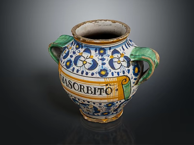 Antique Decorative Vase With Green Handles Blue Yellow Floral Patterns And LASORBITO Inscription 3d model