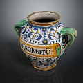 Antique Decorative Vase With Green Handles Blue Yellow Floral Patterns And LASORBITO Inscription