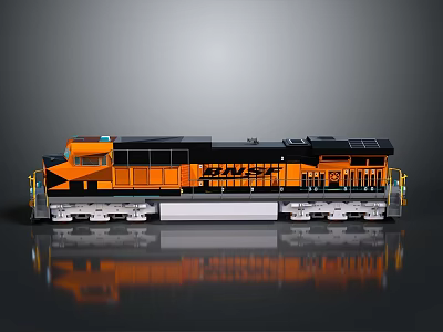 Modern Orange And Black Train Locomotive With Sleek Exterior And Reflective Surface 3d model