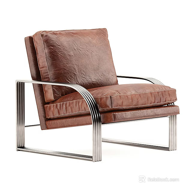 Modern Brown Leather Single Sofa With Sleek Metal Frame And Comfortable Design 3d model