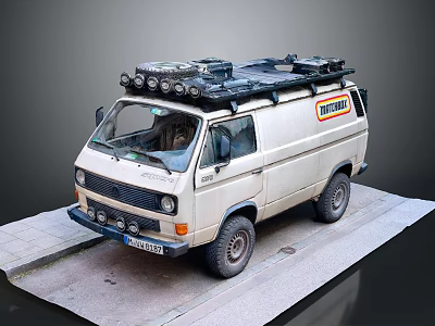 White Winnebago Van With Roof Rack And Spotlights For Camping Travel 3d model
