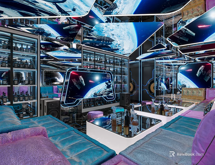 Modern KTV Room With Starry Ceiling Multiple Screens Colorful Lights And Cozy Seats 3d model 
