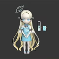 3D Game Anime Character With Blonde Long Hair Blue Eyes And Blue Dress Holding Mobile Phone