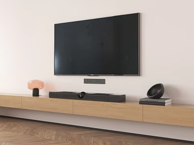 Black Wall Mounted TV in Modern Living Room with Wooden TV Stand Decorative Lamp Soundbar 3d model