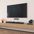 Black Wall Mounted TV in Modern Living Room with Wooden TV Stand Decorative Lamp Soundbar