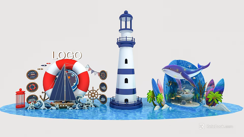 Ocean Themed Decorative Scene With Lighthouse Sailboat Lifebuoy Whale And Surfboard 3d model 