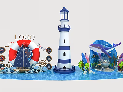 Ocean Themed Decorative Scene With Lighthouse Sailboat Lifebuoy Whale And Surfboard 3d model