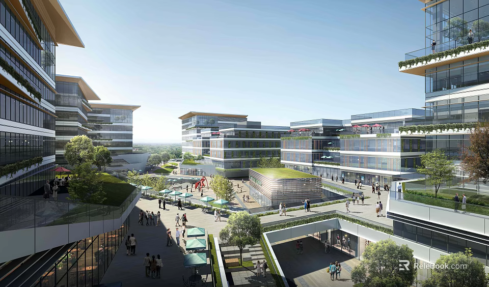 Contemporary Sales Office Building With Outdoor Greenery Pedestrians And Open Space 3d model 