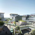 Contemporary Sales Office Building With Outdoor Greenery Pedestrians And Open Space
