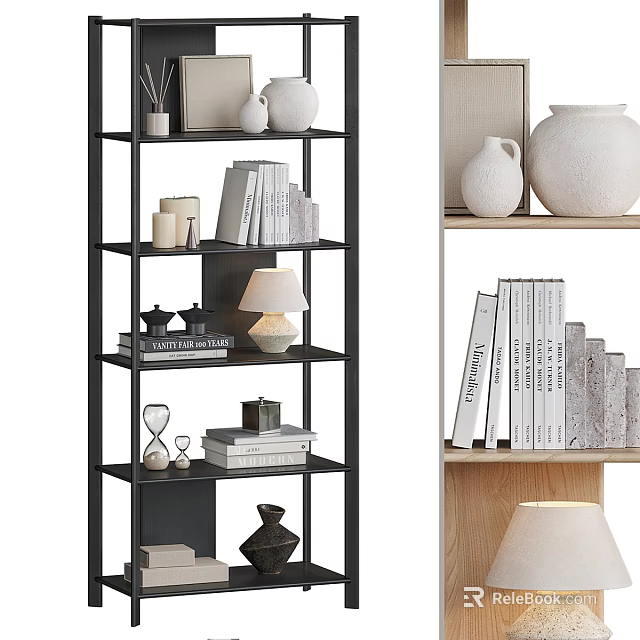 Stylish Bookshelf with Black and Light Wood Design Books Decorative Vases and Table Lamp 3d model 