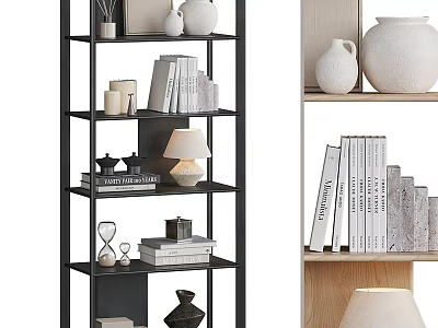 Stylish Bookshelf with Black and Light Wood Design Books Decorative Vases and Table Lamp 3d model