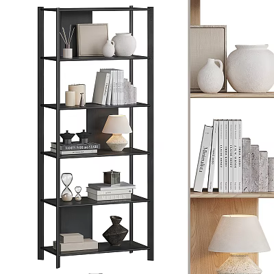 Stylish Bookshelf with Black and Light Wood Design Books Decorative Vases and Table Lamp 3d model