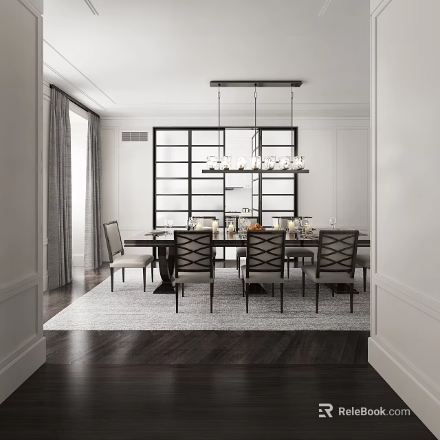 Modern Elegant Dining Room with Dark Table Chairs Chandelier Decorative Screen and Wooden Floor 3d model 
