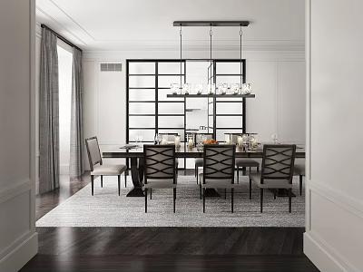 Modern Elegant Dining Room with Dark Table Chairs Chandelier Decorative Screen and Wooden Floor 3d model