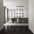 Modern Elegant Dining Room with Dark Table Chairs Chandelier Decorative Screen and Wooden Floor