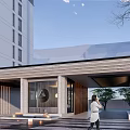 Modern Entrance Gate Between High Rise Buildings With Glass Facade Steps Red Car And Pedestrian