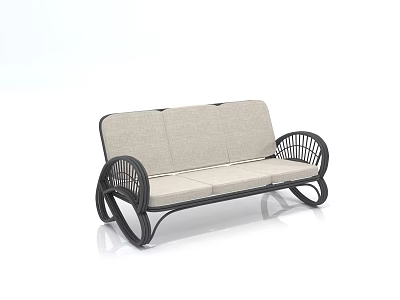 Modern Two Seater Sofa With Rattan Armrests And Light Fabric Cushions 3d model