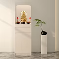 Black And White Buddhist Shrine Cabinet With Buddha Statue Candles Offerings And Potted Plant
