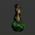 Standing Cartoon Wolf Creature With Green Yellow Body Red Ears Tail On Colorful Rock Base