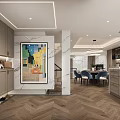 Modern Living And Dining Area Interior With Chandeliers Wooden Elements Marble Accents And Sofa