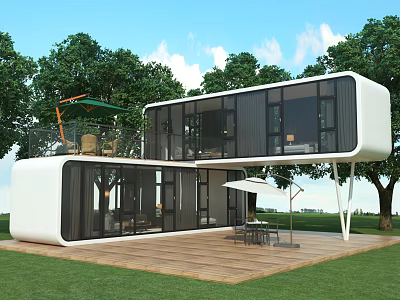 Modern Guesthouse Building With Glass Curtain Walls Wooden Deck And Green Tree Surroundings 3d model