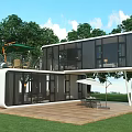 Modern Guesthouse Building With Glass Curtain Walls Wooden Deck And Green Tree Surroundings