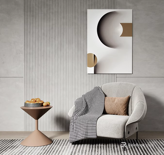 Gray Single-seater Sofa With Brown Cushion Checkered Blanket And Wooden Side Table 3d model 