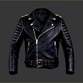 Black Biker Style Leather Jacket With Zipper Front Belt And Shoulder Details