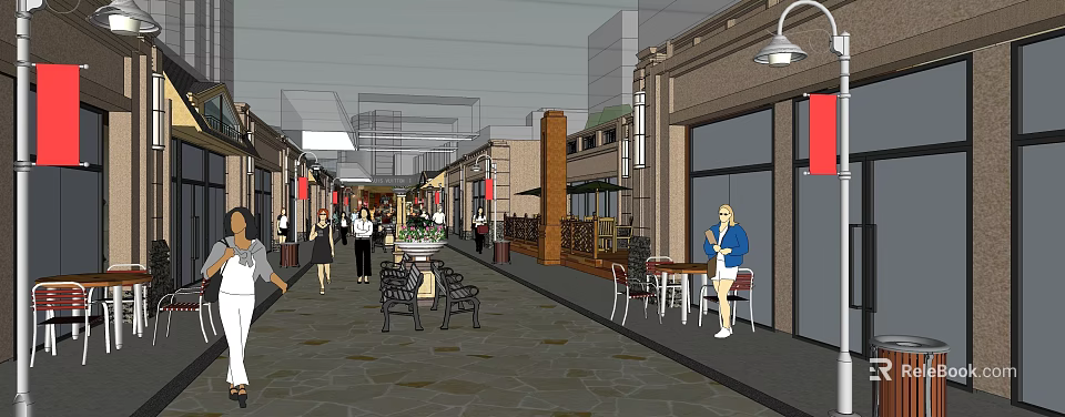 Vibrant Commercial Pedestrian Street With Outdoor Seating Shops Street Lamps And Pedestrians 3d model 