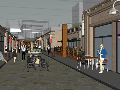 Vibrant Commercial Pedestrian Street With Outdoor Seating Shops Street Lamps And Pedestrians 3d model